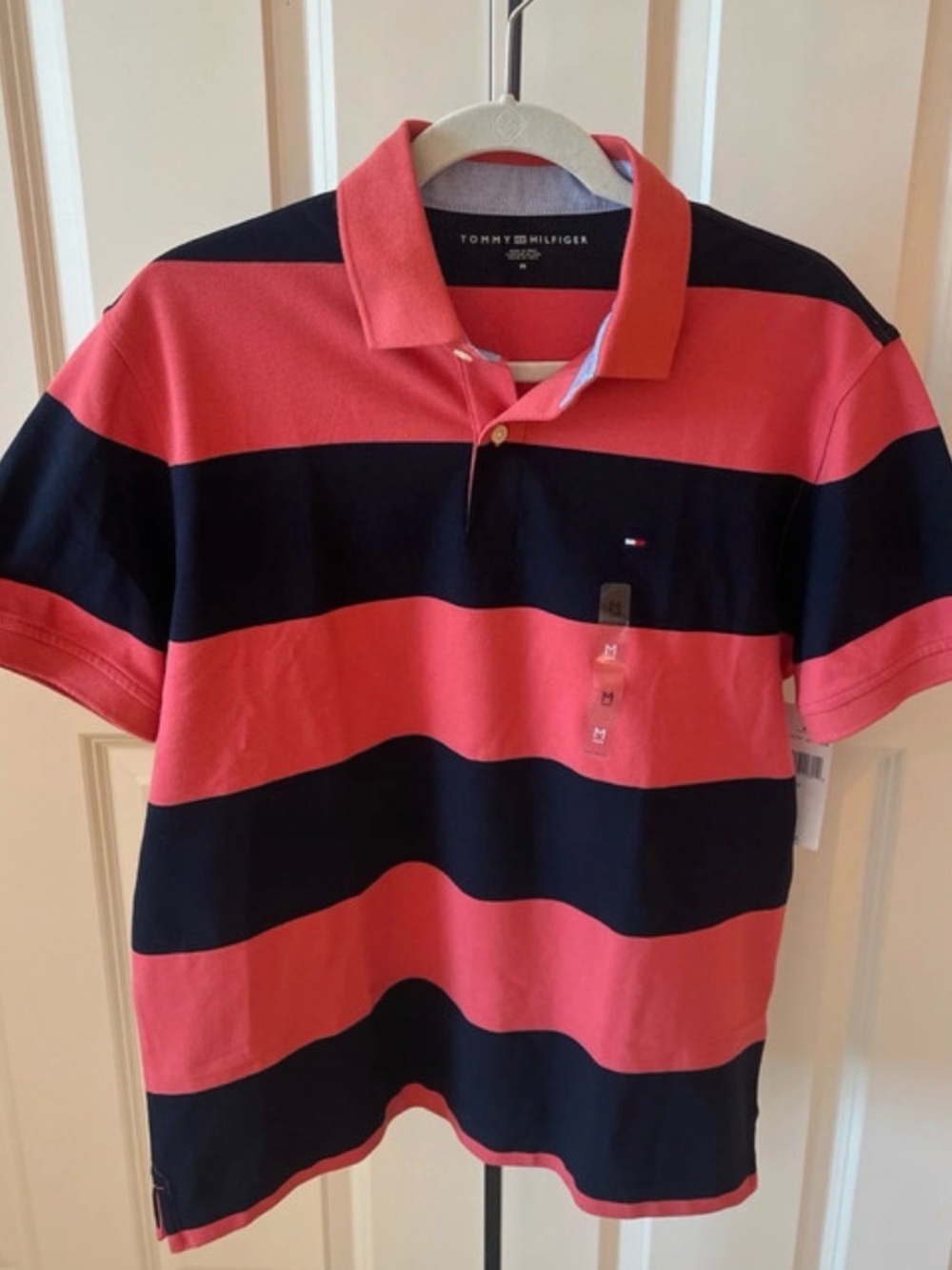 Tommy Hilfiger Men’s Coral Pink & Navy Wide-Stripe Polo